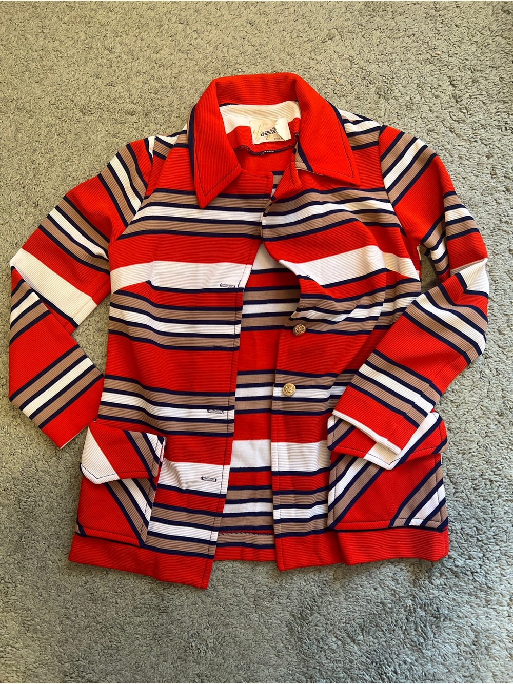 Vintage HAMILTON DALLAS 70s Red Striped Knit Jacket Coat (note condition)